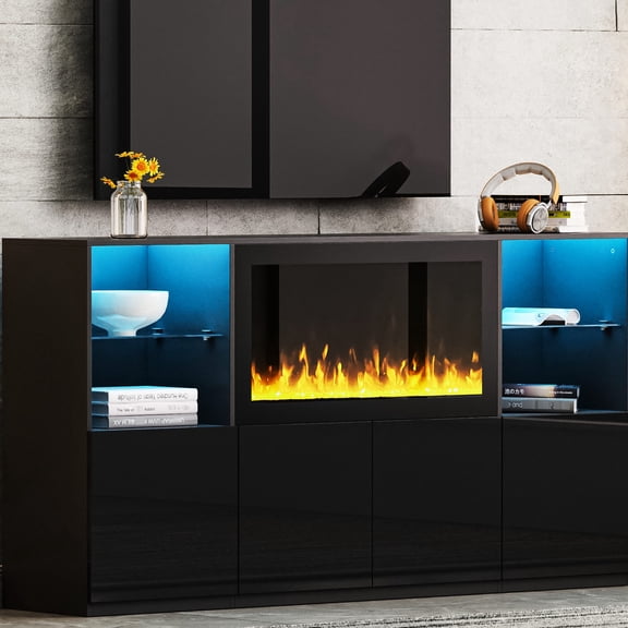 Black High Gloss TV Stand with Electronic Fireplace - Stylish for 75" TV in Living Room