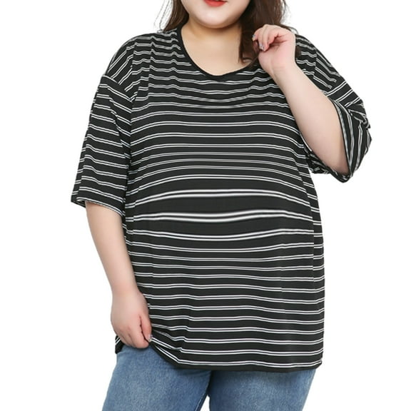 IROINNID Maternity Clothes Bump Friendly T-shirt, Plus Size Short Sleeve and Round Neck Summer Stripe Tops