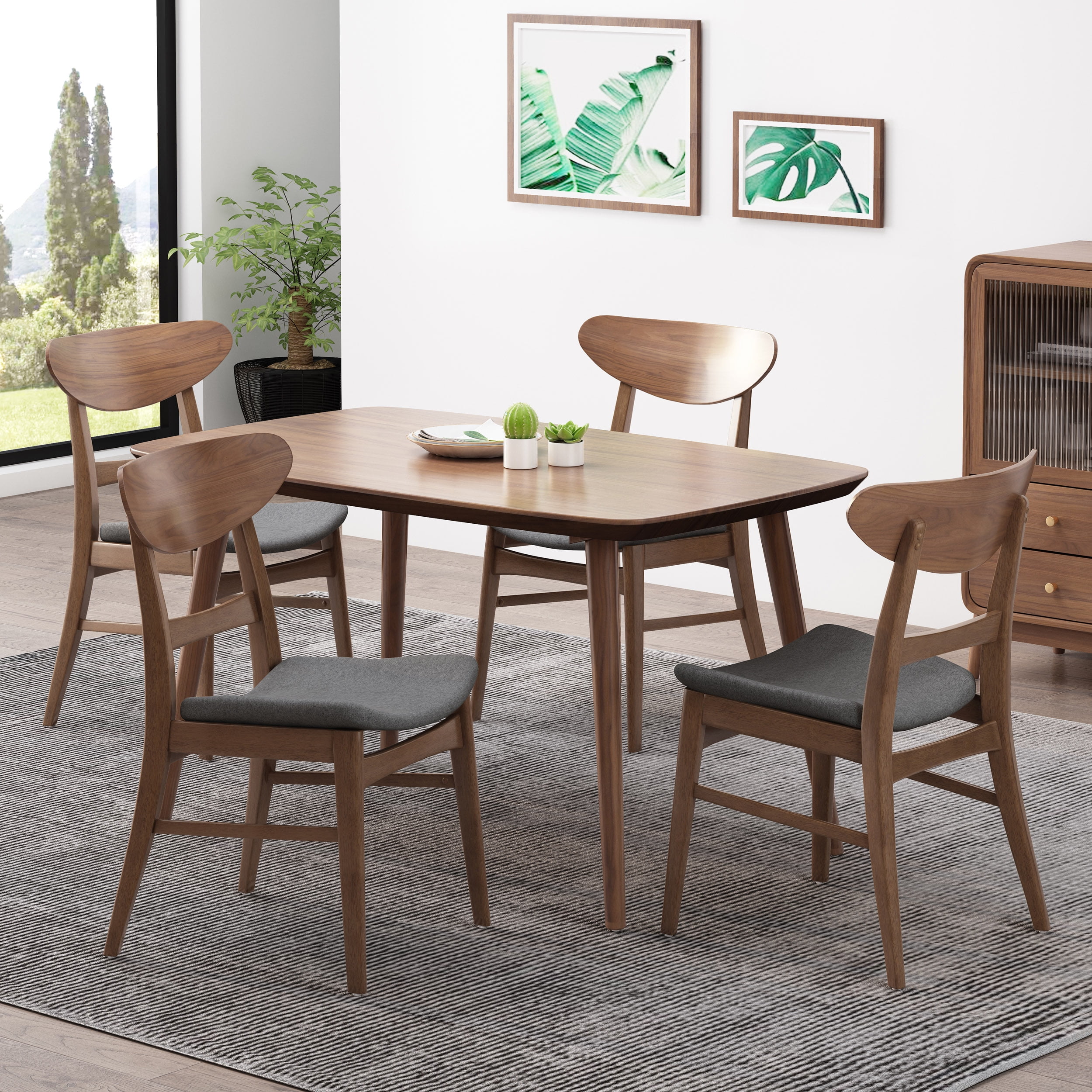 GDF Studio Isador Mid Century Modern Fabric Dining Chairs, Set of 4, Dark Gray and Walnut
