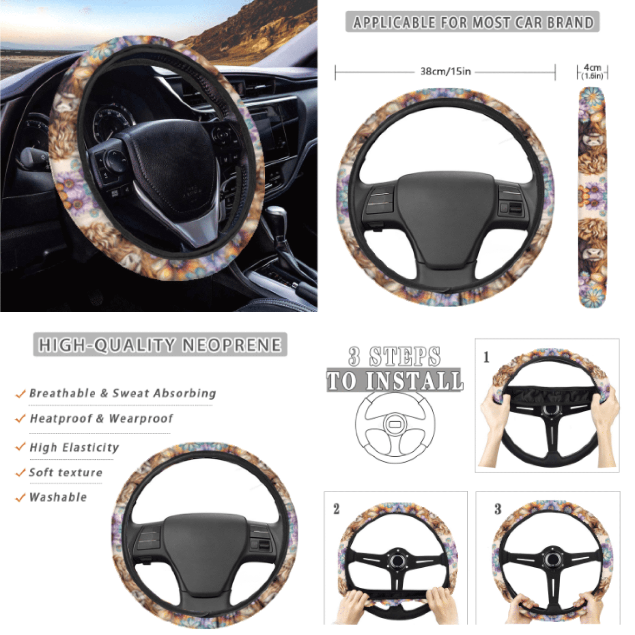 HUIACONG Car Interior Accessory Kit, with Car Cup Coasters Rearview Mirror Protector Car Seatbelt Shoulder Strap Cover, Calf Floral Design Quick Install Personalized