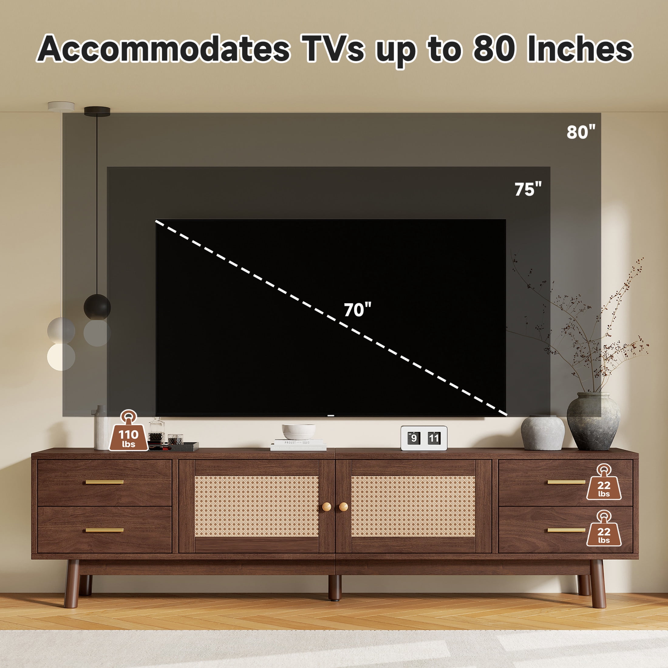 Noble House Modern TV Stand for TVs up to 80" with Rattan Doors, 4 Drawers, Dark Brown