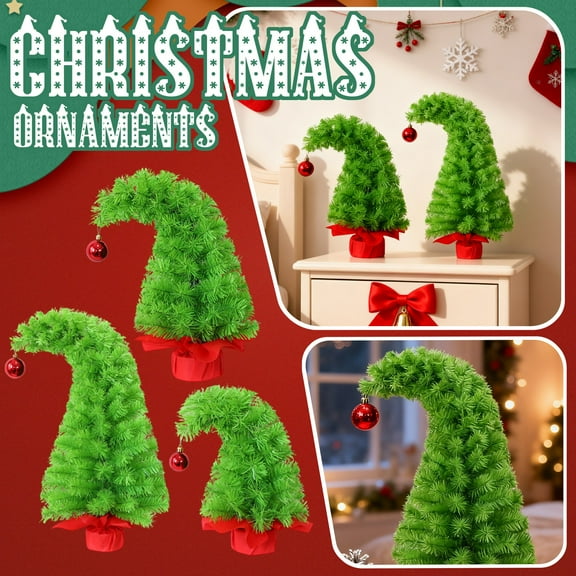 Artificial Christmas Tree with Unique Curved Top and Decorative Ornament for Home Office Holiday Party Decor Tabletop Display