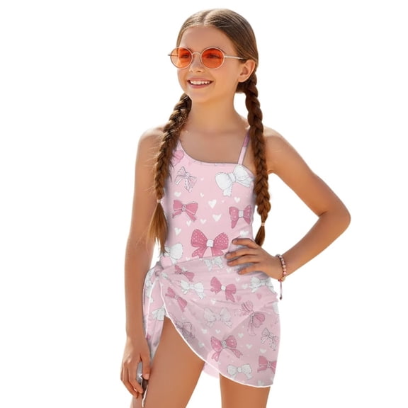 Jiueut Pink Bow Heart Print Girls Swimsuit with Mesh Cover Up Bathing Suit One-Piece Halter Neck Cut Out Summer Swimwear for 7-8 Years