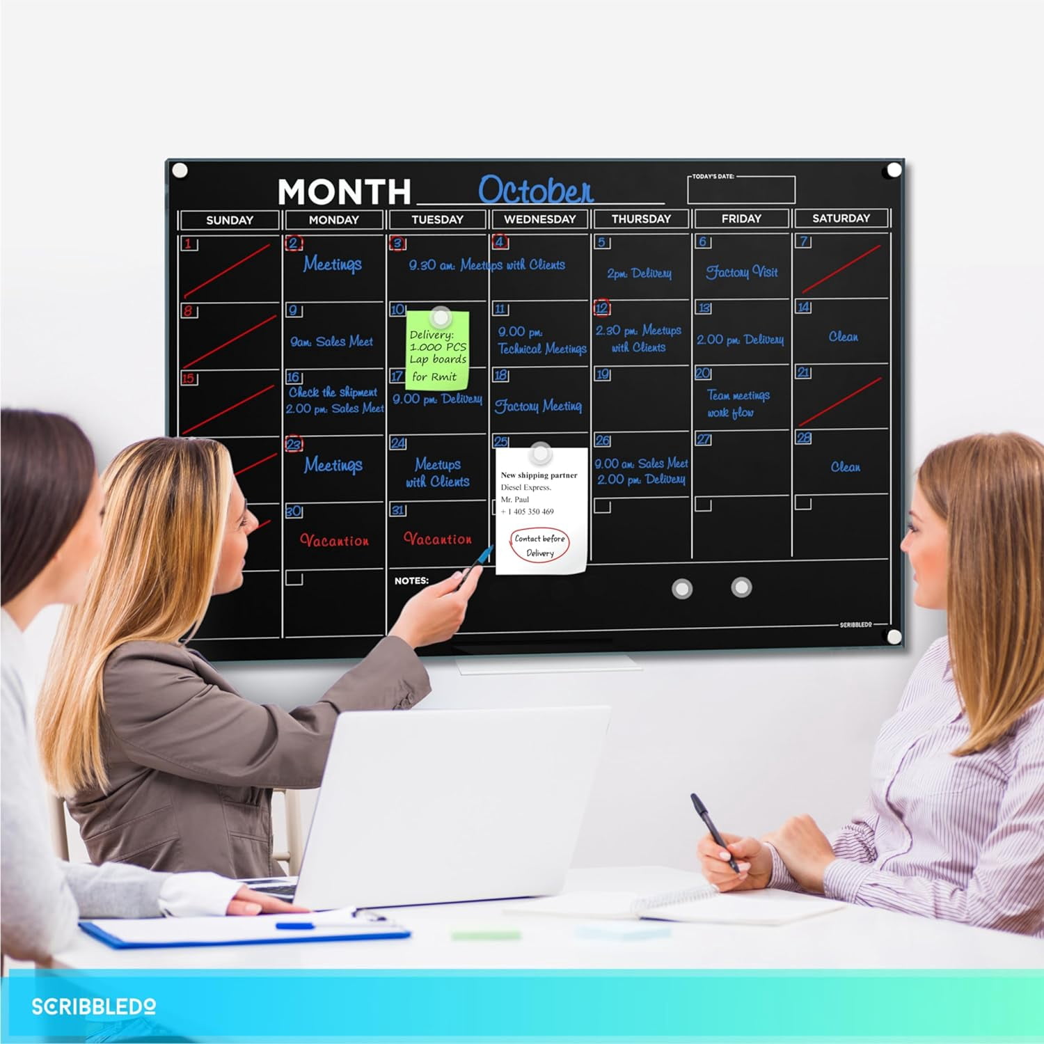 Black 24”x36” Magnetic Glass Whiteboard Calendar Planner White Board Calendar Dry Erase Board Dry Erase Calendar for Wall Monthly Glass Calendar Whiteboard Home Office Large Wall Calendar