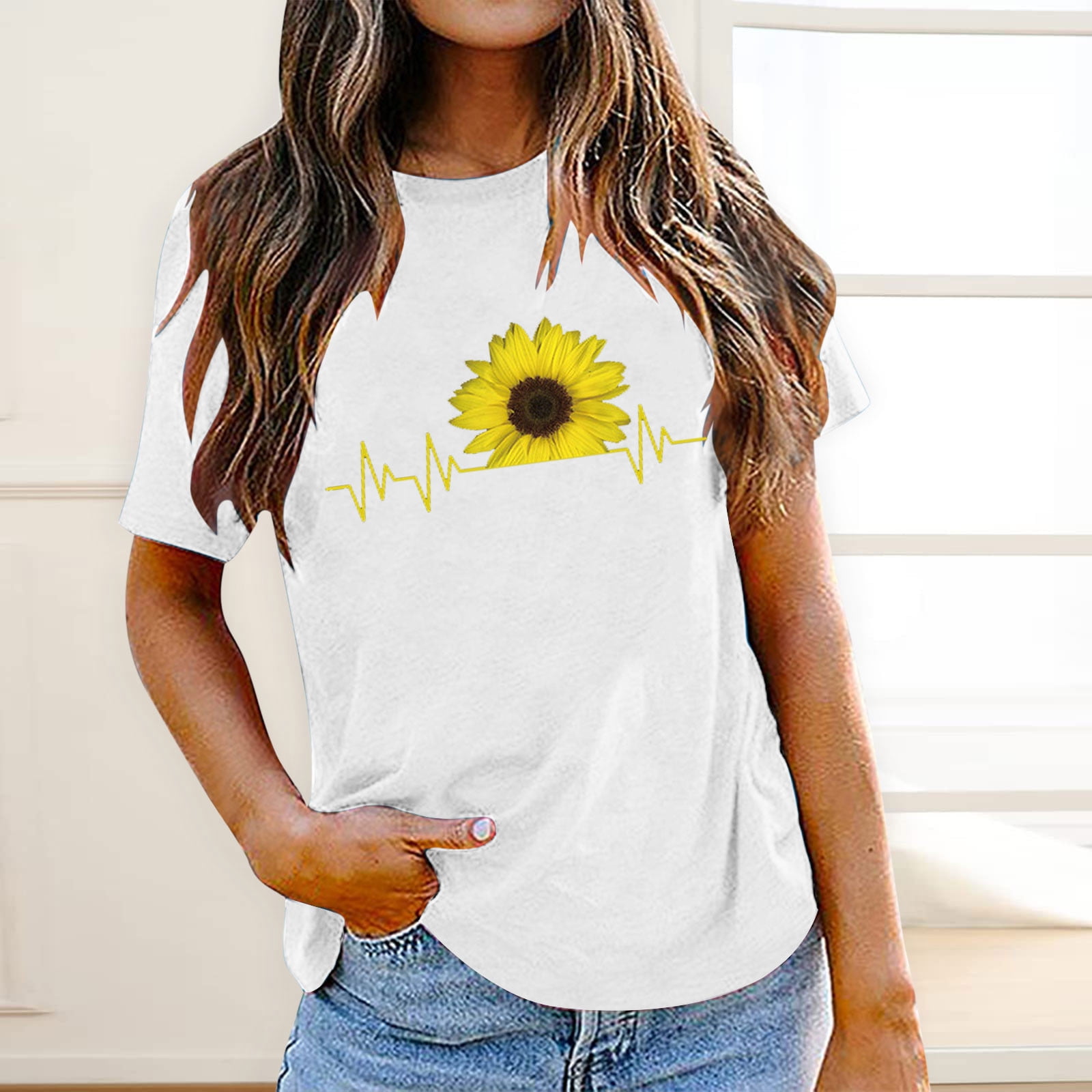 Summer Women Cute Graphic Tshirt Tops Ladies Trendy Sunflower Print Casual Loose Fit Short Sleeve Crewneck Blouse Tee 