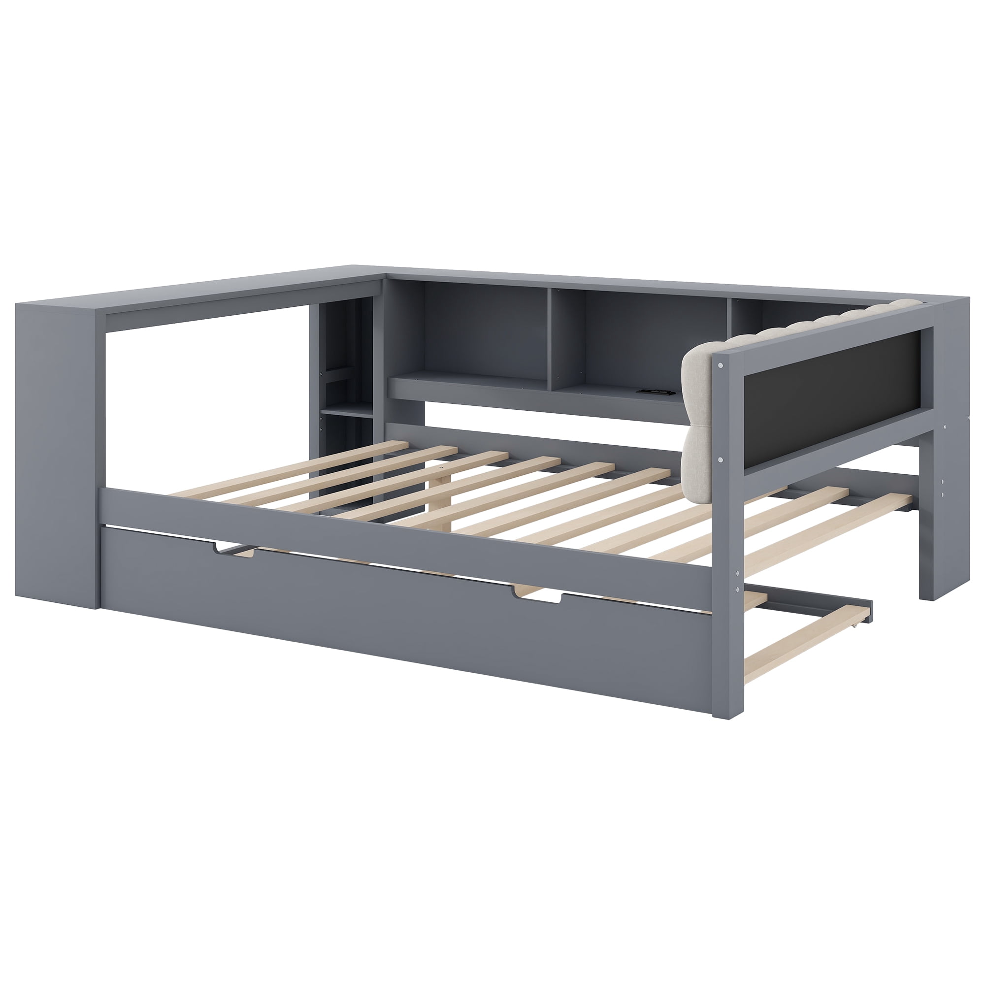 Sailvan Full Size Platform Bed Frame with Storage,Trundle and Headboard Gray