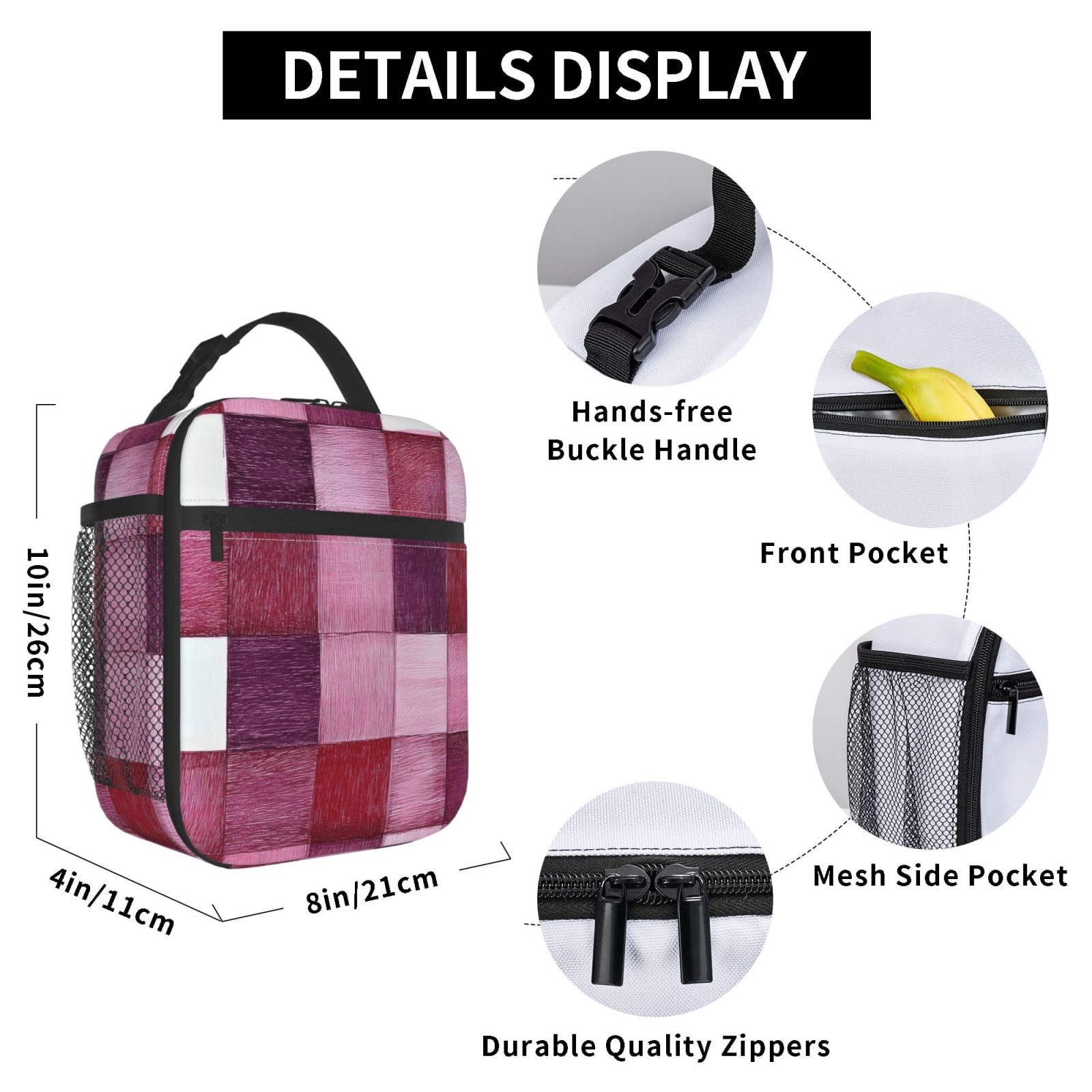 Lunch Bag For Women Men Insulated Portable Lunch Box Bento Box Office Picnic Travel Cooler Bag Palevioletred Checked Hand-Drawn Sketch_2