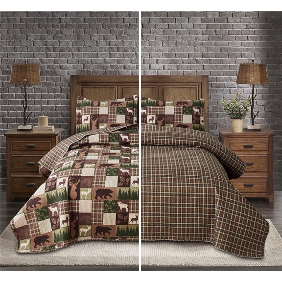 Beartech Quilt Set Queen Size Moose Bear Brown Plaid Quilt Lightweight Reversible Microfiber Bedspread Coverlet Bedding Set