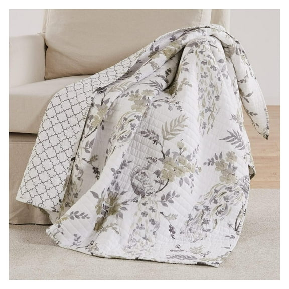 - Pisa - Throw - Floral Contemporary Peacock - Grey and Taupe - Quilt (50x60in.) - Cotton/Cotton
