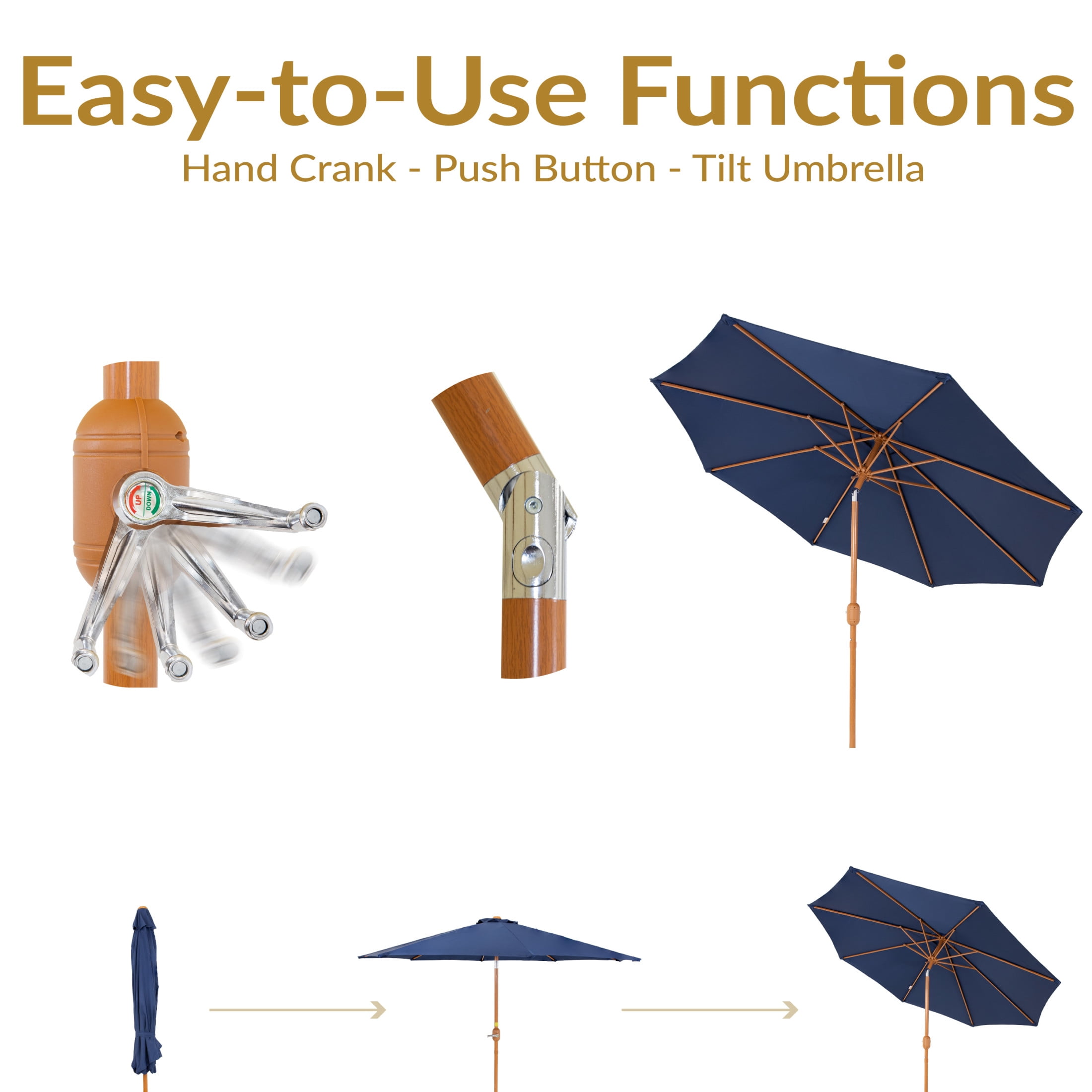Sunnydaze 8.5 ft Outdoor Patio Umbrella with Push Button Tilt and Crank - Faux Woodgrain Finish - Large Vented Market Umbrella - Navy Blue
