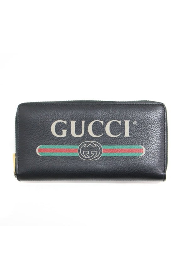 Pre-Owned GUCCI wallet, black, round long 496317 0416, printed leather, women's, K4755