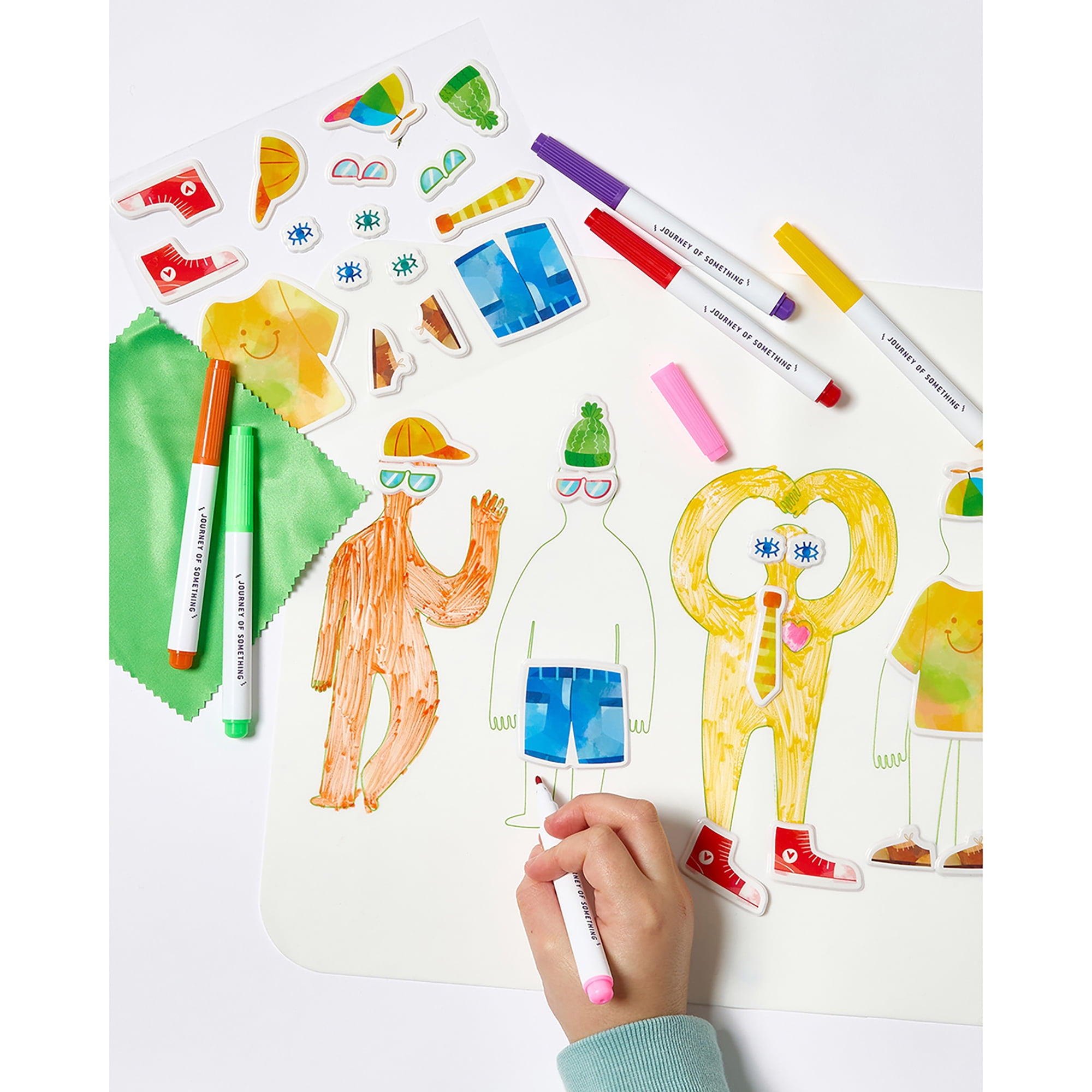 Journey of Something: Wipeable Silicone Mat - Friends - Reusable Coloring Kit, Mix & Match Character Outfit Stickers, Markers, Carry Pouch, Kids 4+