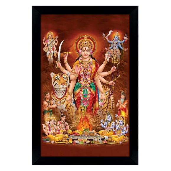 IBA Indianbeautifulart Goddess Durga With Goddess Kaali & Goddess Saraswati Picture Frame Religious Poster Black Wall Frame Deity Photo Frame Wall Decor For Home/ Office/ Temple-6 x 8 Inches