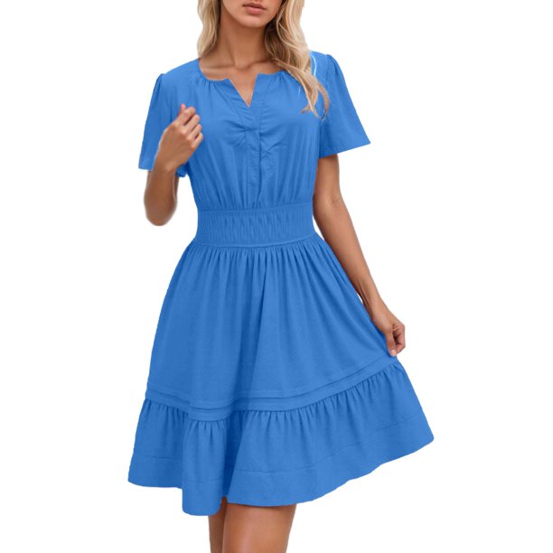 Vestido holgado de manga corta con cuello en V para mujer - Poliéster ligero - Elegante e informal para primavera/verano/otoño