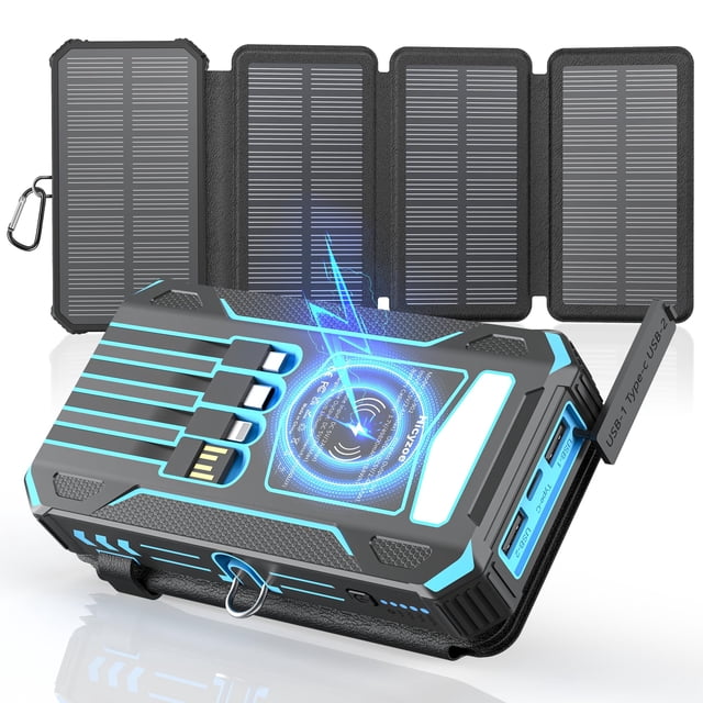 Hicyzoe Solar Charger Power Bank 49800mAh Wireless Portable Phone Charger Built-in 4 Cables and 4 Solar Panels,12W QC3.0 Fast Charging USB-C Battery