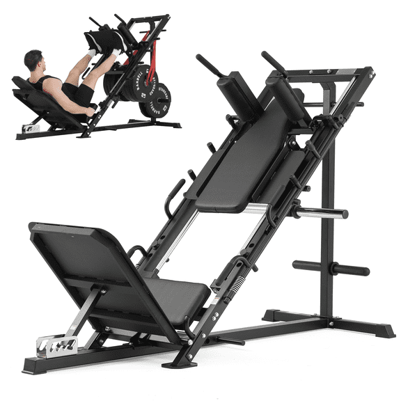 Syedee Multifunctional Leg Machine W/ Linear Bearing Hack Squat & Leg Press Combo with Safety Features, Adjustable Pedals, Space-Saving Leg Machine W/ Band Pegs Arm-reach Weight Holder