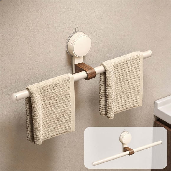 Linnome Barre à Serviettes Vintage en Noyer avec Ventouse, Sans Perçage, Support Mural pour Serviettes, Réutilisable, Robuste, Porte-Serviettes de Salle de Bain pour Douche, Bain, VR, Cuisine, Blanc