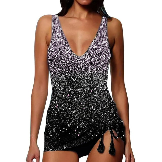 Swimsuits Women Trendy Print Plus Size Deep V-Neck Tankini Set Purple Women Bathing Suits L