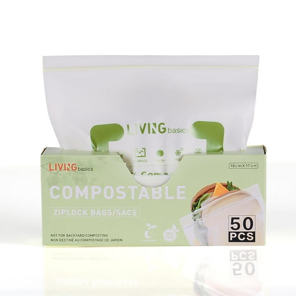 Reusable Ziplock Freezer Bags Food Storage Bag, 100% Compostable Environmental Safe Lunch Bags and Snack Bags 50 Count - LIVINGbasics