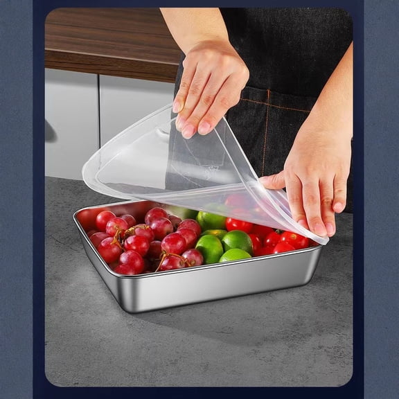 Large Thick Stainless Steel Multi-Purpose Tray With Lid, 10.04x7.87x2.17 Inch Food Storage Box, Tiramisu Cold Dish Plate for Kitchen Prep Serving