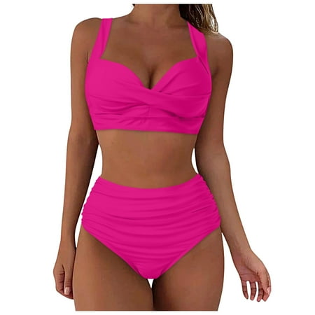PFWOWB Pink Curvy Bathing Suits for Women Women High Waisted Bikini Sexy Push Up Two Piece Swimsuits Vintage Swimsuit Two Piece Retro Ruched High Waist Print Bikini Set