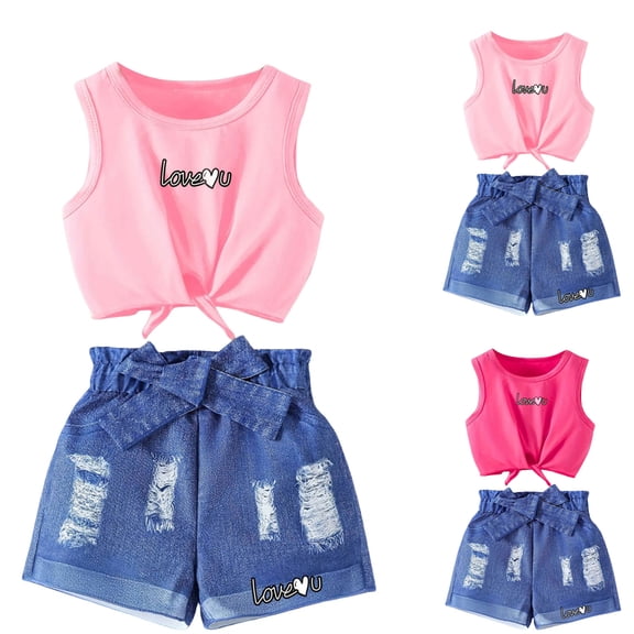 Pandaie 4-10Y Baby Girl Clothes Toddler Summer Outfits Sleeveless Tank Top Shirt Ripped Denim Short Jeans Set Hipster Hip Hop Streetwear Hot Pink 10Y(9-10 Years)