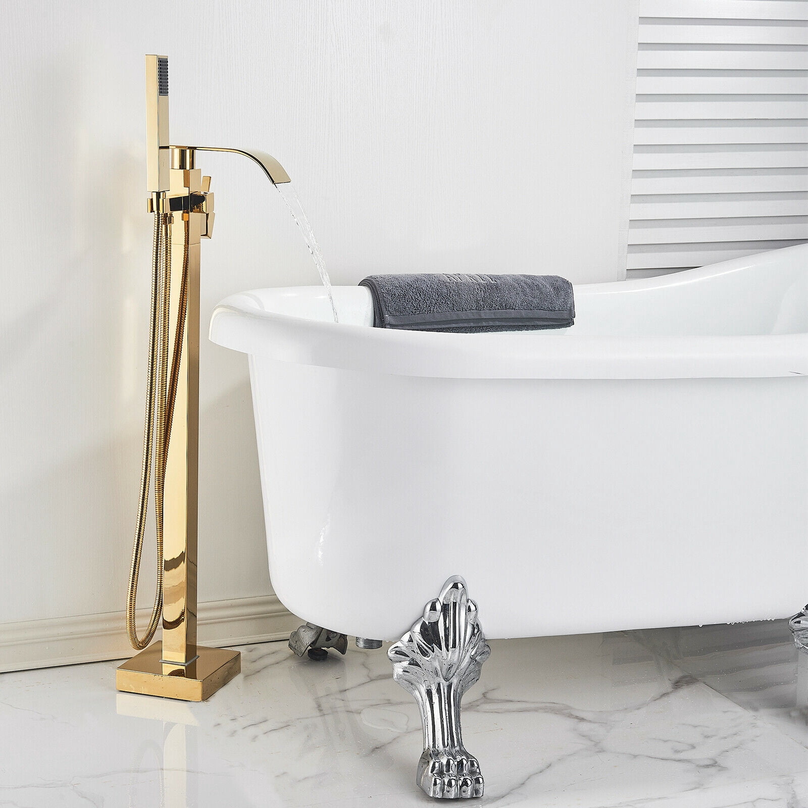Zovajonia Gold Free Standing Floor Mount Bathtub Mixer Faucet Waterfall Tub Filler Sprayer