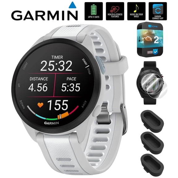Garmin 010-02863-31 Forerunner 165 Music Smart Sport Watch, Mist Gray   Whitestone Bundle with Silicone Dust Cover 3 Pack, 2X 1.2 Inch Screen Protector and 2 Year Extended Warranty