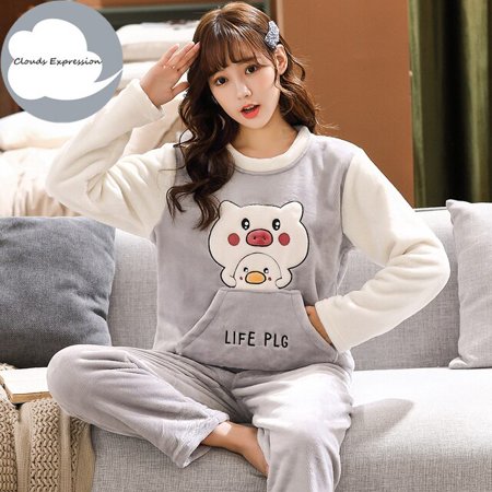 

QWZNDZGR Winter Warm Flannel Women Cartoon Sleepwear Cute Girls Pajamas Fashion Pajama Set Pullover Coral Fleece Pijamas Mujer Homewear