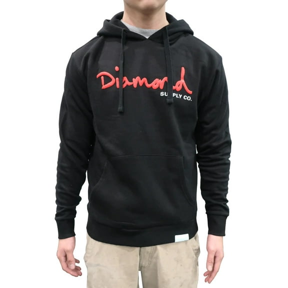 Diamond Supply Co. Men's OG Script Logo Pullover Fleece Hoodie Sweatshirt (Medium, Black/Red)