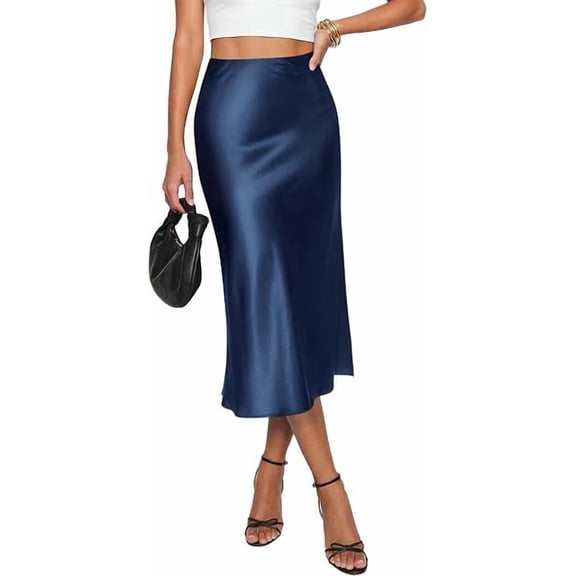 PRETTYGARDEN Womens Satin Skirt Summer Silk Business Casual High Waisted A Line Flowy Work Wedding Cocktail Midi Skirts
