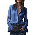 thumbnail image 3 of TaTaai Fashion Solid Color Women Blouse Cotton Lapel Long Sleeve Zipper Ruffle Cuff Loose Fit Soft Breathable Daily Office Street Casual Wear Top Gift, 3 of 8