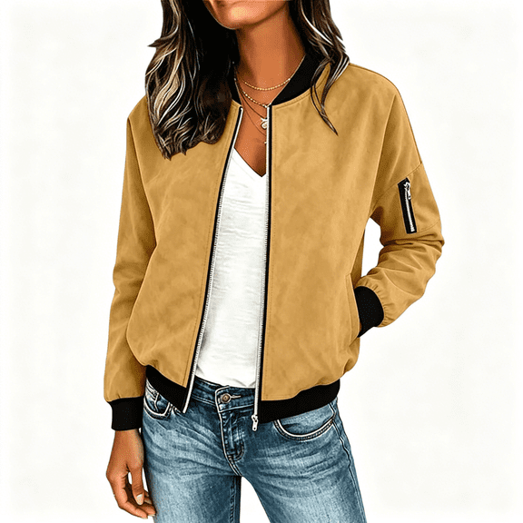 CBASIHI Womens Suede Bomber Jackets with Pockets- Casual Zip Up Loose Fit Trendy Long Sleeve Fall Outerwear Yellow Size S-2XL