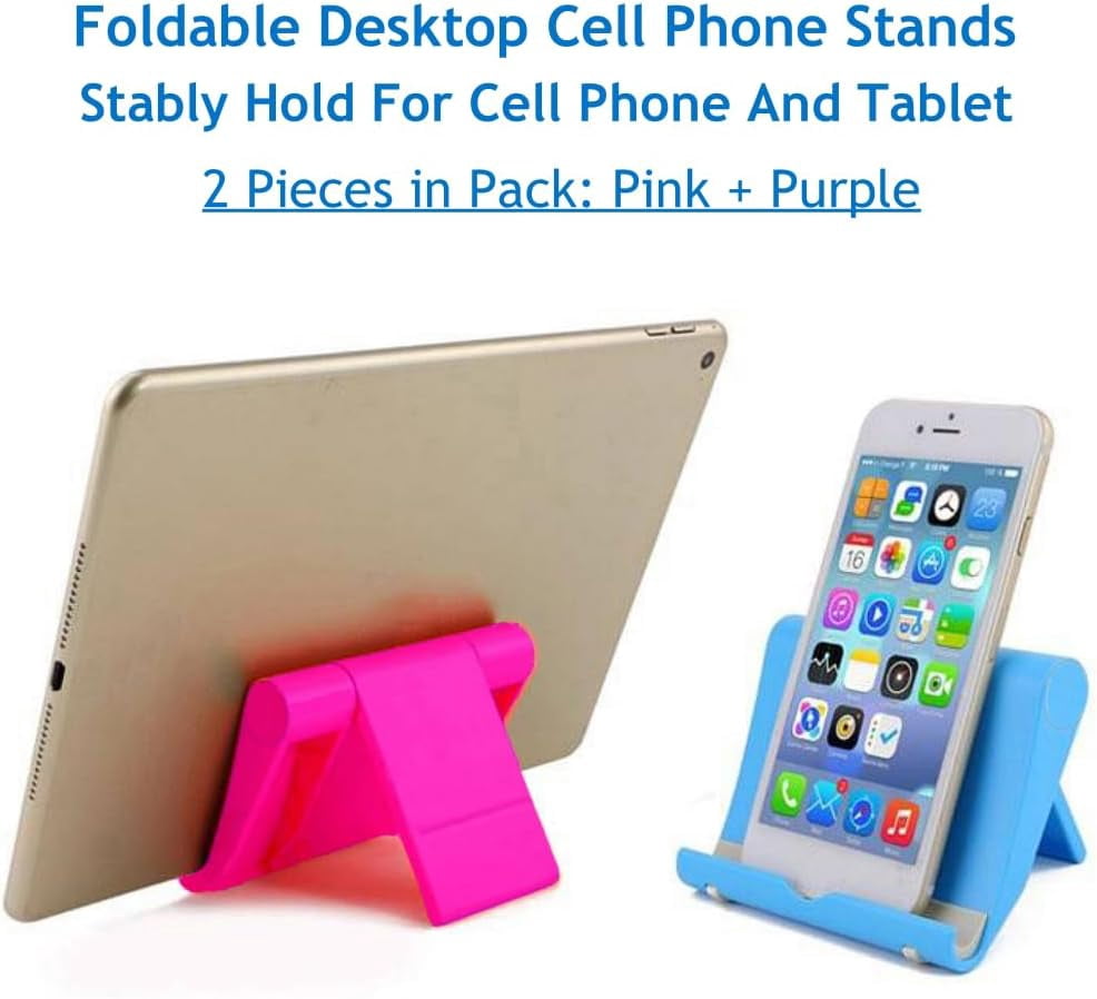 Cell Phone Stand for Desk 2 Pack Mobile Phone Holders Desktop Tablet Stand, Foldable Phone Dock Universal Adjustable Tablet Stand for Desk (Pink+Purple)