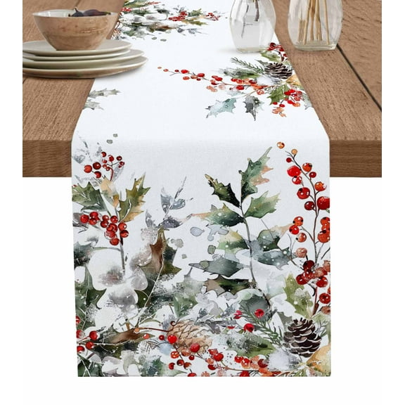 Table Runner 70 Inches Long for Kitchen Dining, Christmas Dresser Scarf Farmhouse, Dining Table Decorations for Wedding/Parties, Xmas Tree Botanical Red Berry Pinecone 13 x 70 In