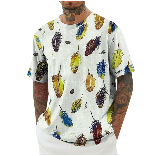 Chemise à Manches Courtes pour Hommes, Mélange Coton Lin Polyester, Design Imprimé, Col Rond, Ajustement Confortable Respirant, Tenue Décontractée