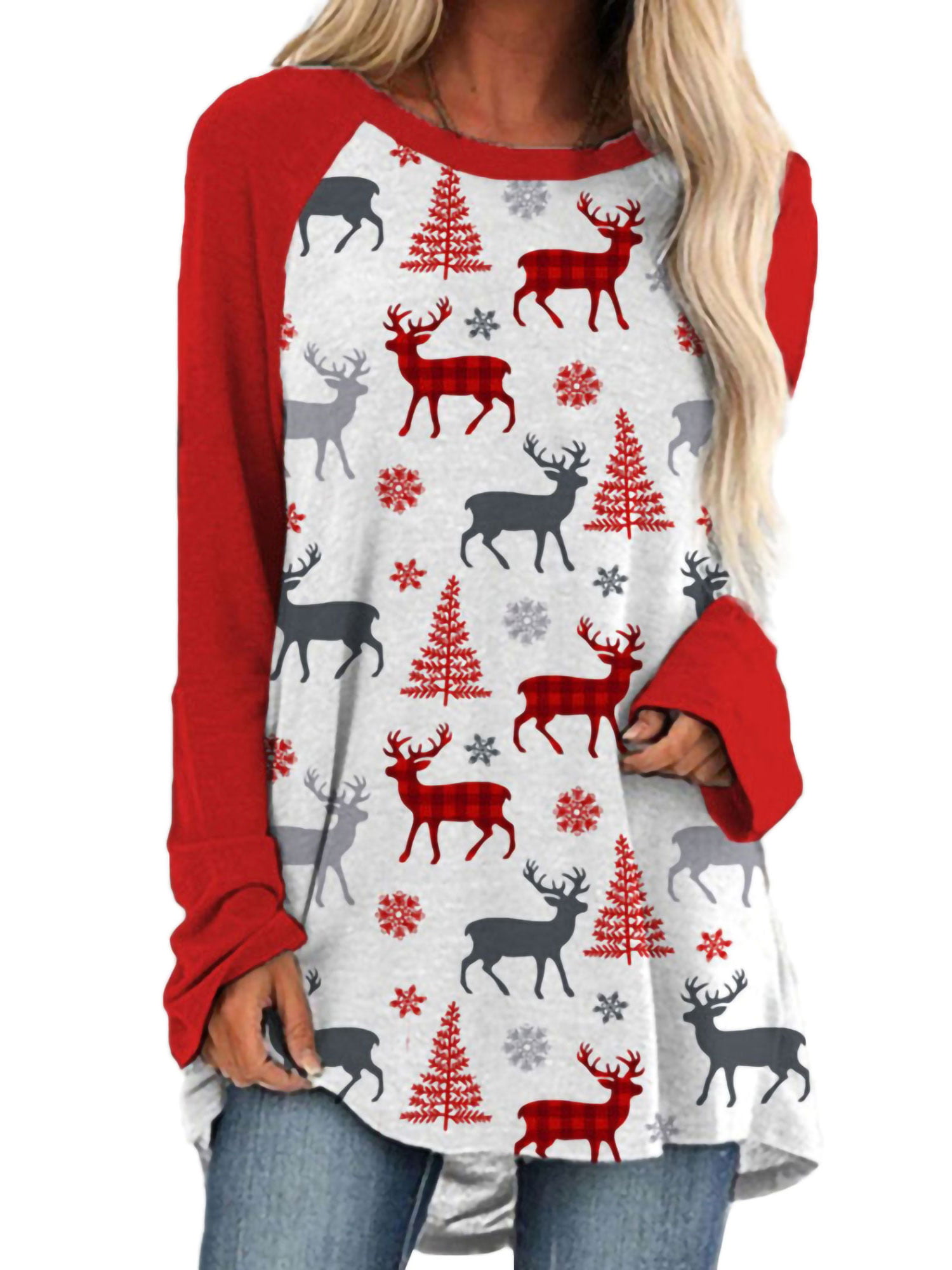 Merry Christmas Black Ugly Christmas Tunic Tops for Women Long Sleeve Funny Cute Cartoon Elk Print Casual Tshirt Blouses