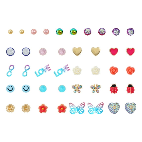 Young Women's Wonder Nation mulit color 21 Pack Stud Earring Set featuring Butterflies, Love, and Hearts.