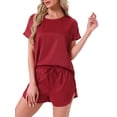 thumbnail image 1 of INSPIRAR CHIC Conjunto de Pijama de Satén de Mujer, Top de Cuello Redondo de Manga Corta con Bolsillo Frontal y Pantalones Cortos con Cuerda de Ajuste, Ropa de Dormir L Rojo Oscuro, 1 of 5