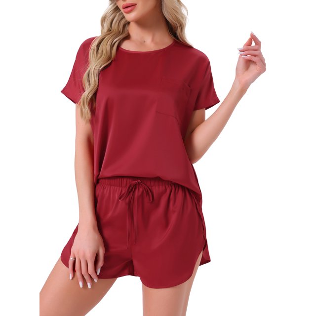 INSPIRAR CHIC Conjunto de Pijama de Satén de Mujer, Top de Cuello Redondo de Manga Corta con Bolsillo Frontal y Pantalones Cortos con Cuerda de Ajuste, Ropa de Dormir L Rojo Oscuro
