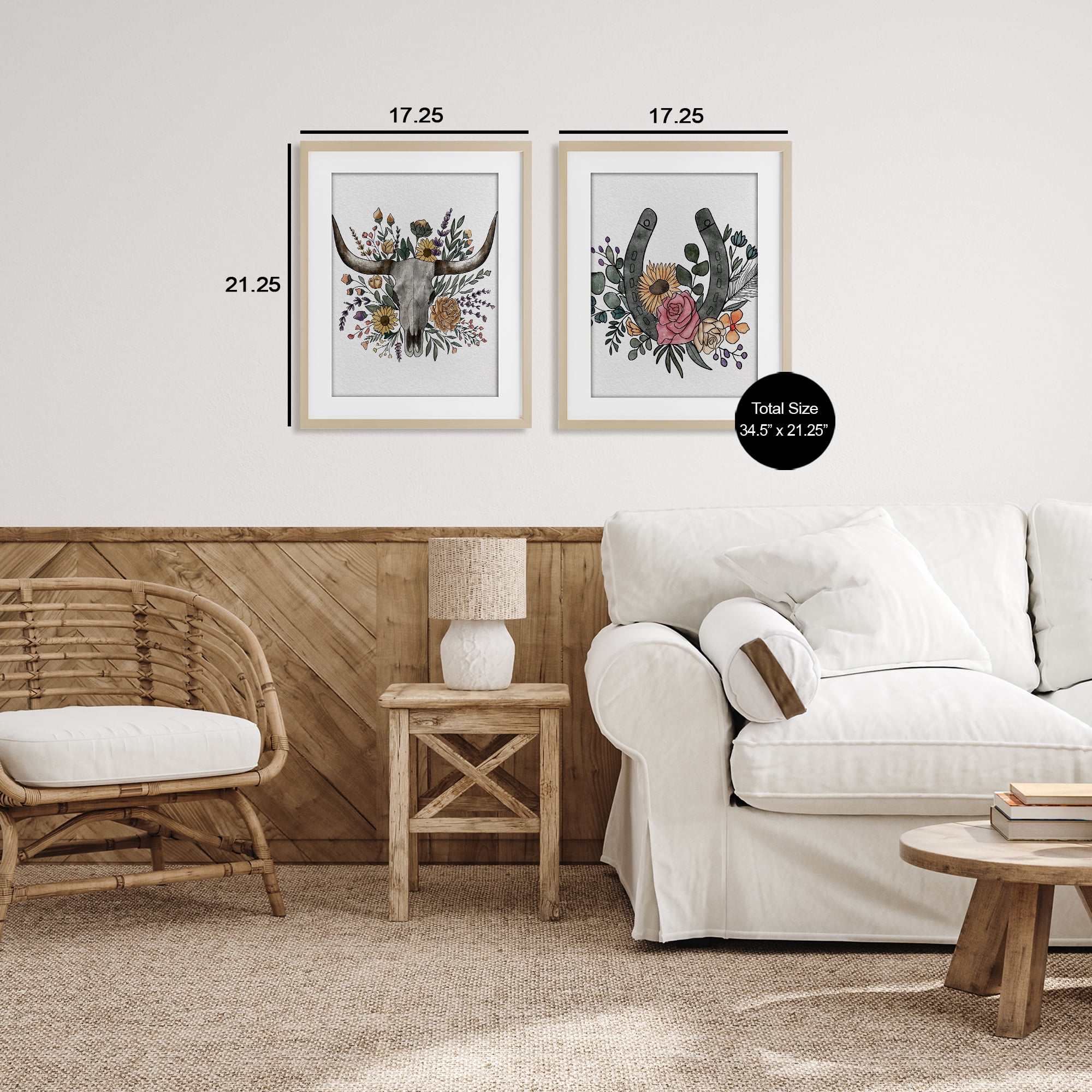Stupell Industries Boho Longhorn & Horseshoe 2 Piece Birch Framed Print Under Glass Set, design by Alisha Kiara Design