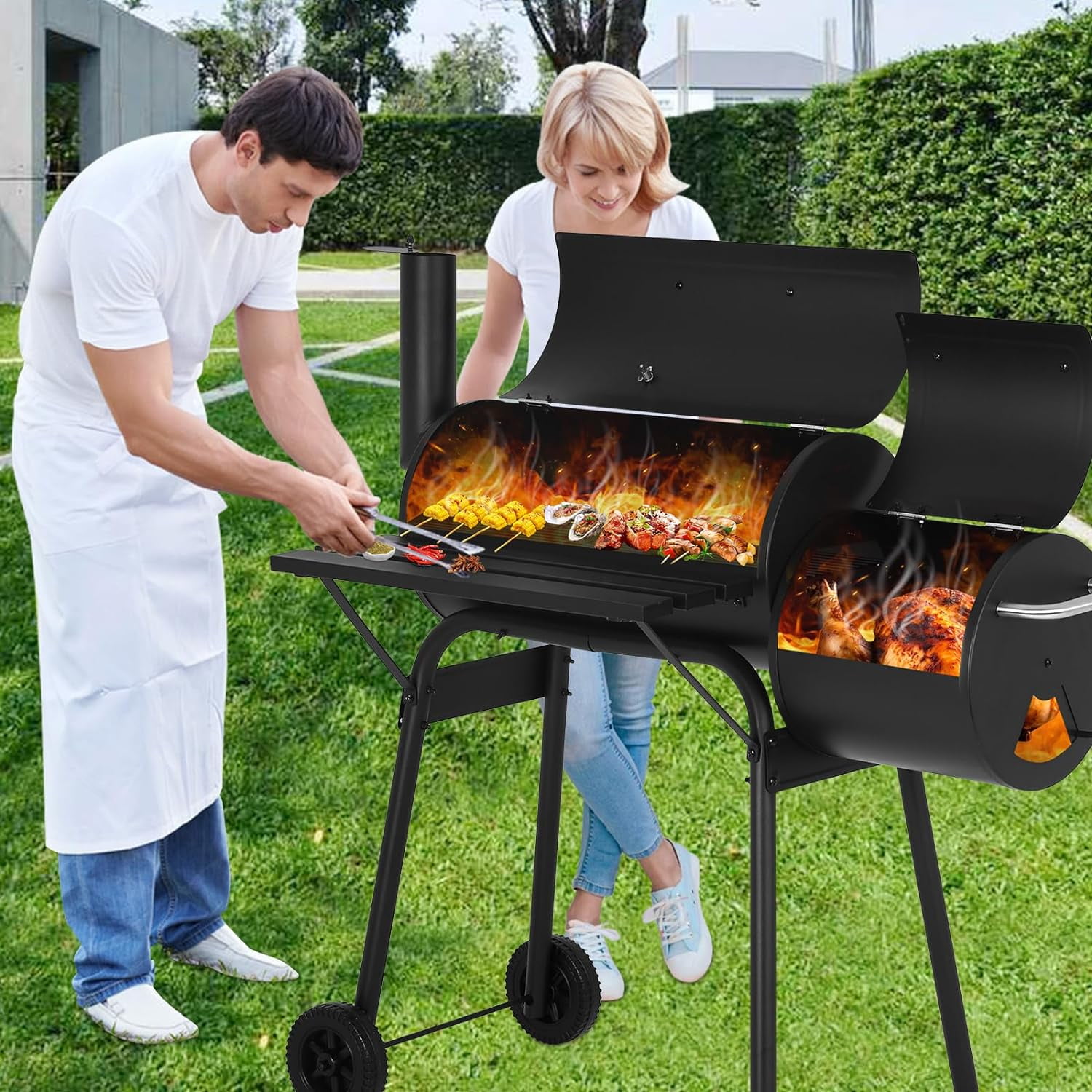 Dkelincs 43" Portable Charcoal Grills with Offset Smoker and Thermometer, Outdoor Barbecue Grill for BBQ Camping Picnic