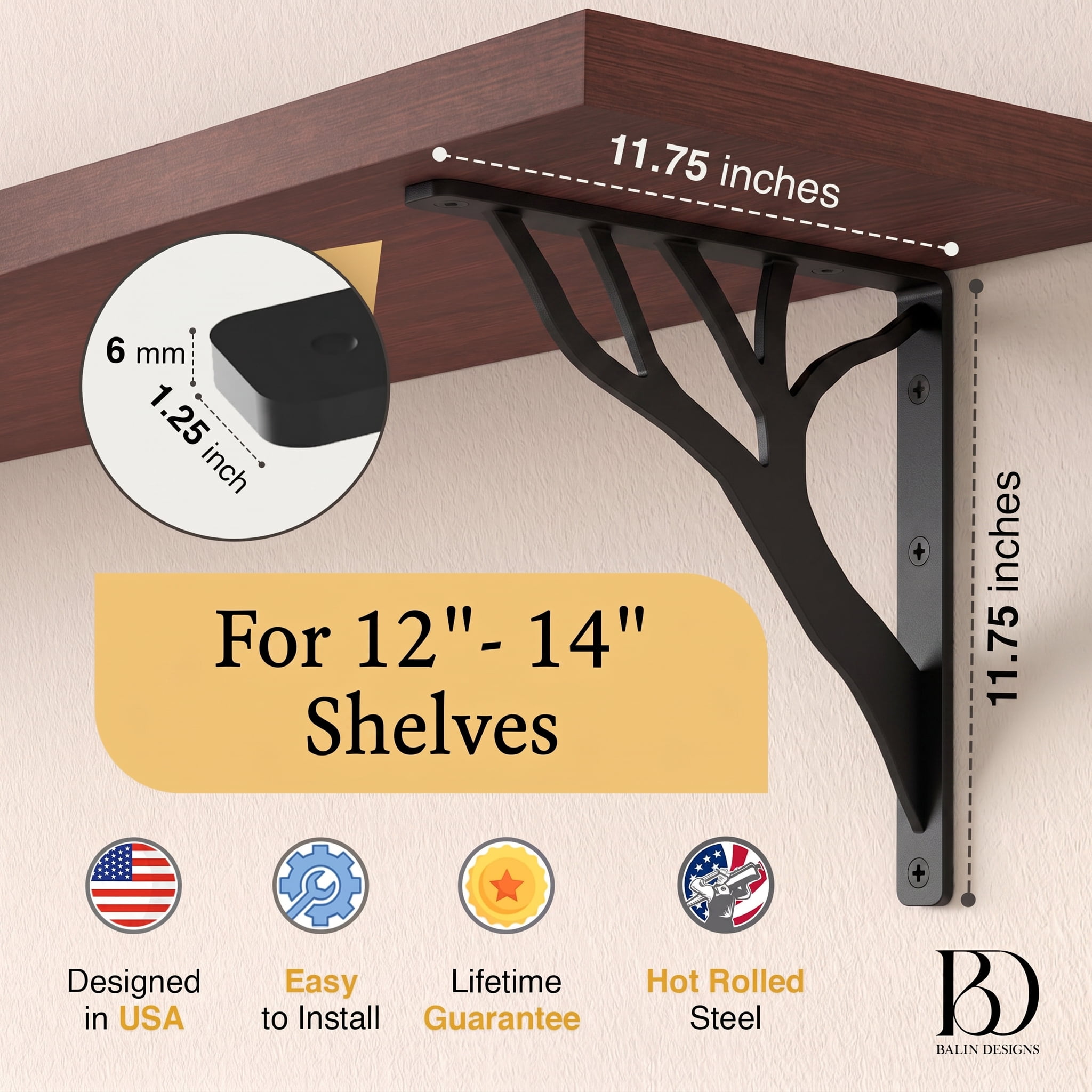 Rustic Tree Shelf L Brackets by Balin Designs (Black) for 12”-14” Shelves - Heavy-Duty Decorative Metal Mantel Bracket Supports - Easy Installation with Included Hardware - Set of 2