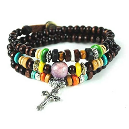Wood Wrap Bracelet - Wood Bead Cross Wrap Bracelet Christian Religious Inspirational Beaded