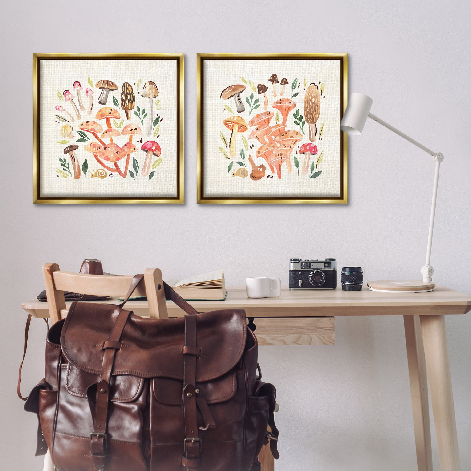 Stupell Industries Mushroom & Leaves Pattern Botanical & Floral Painting Gold Floater Framed Canvas Art Print Wall Art, 25 x 25, Set of 2