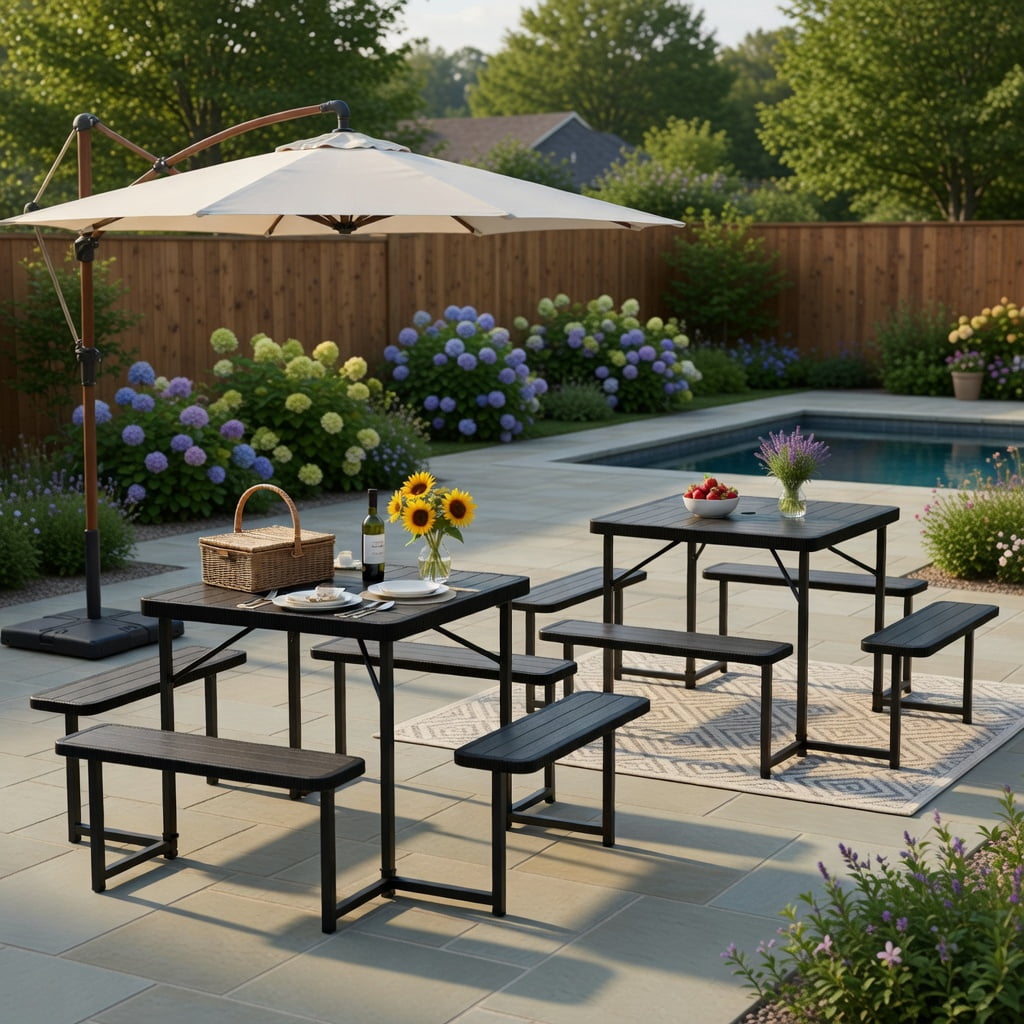 Hommoo Outdoor Square Picnic Table Set with Umbrella Hole, HDPE & Metal, Seats 4–8, Weather-Resistant Patio Dining Set, Black