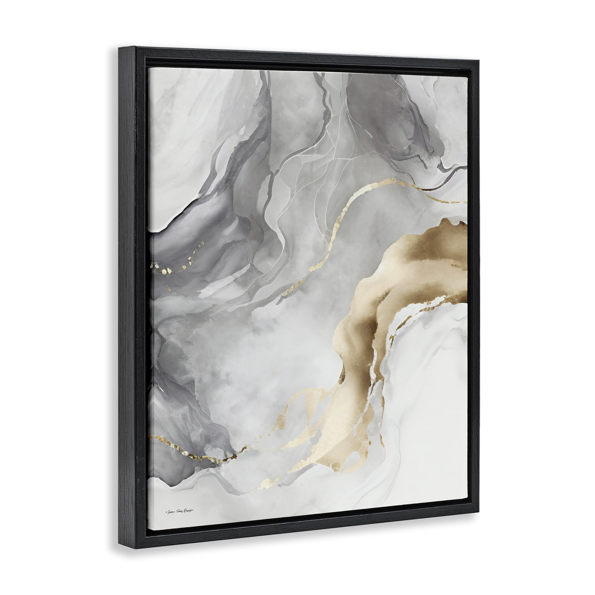 Stupell Industries Marbled Grey & Glam Abstract Painting Black Floater Framed Canvas Art Print Wall Art, 17 x 21