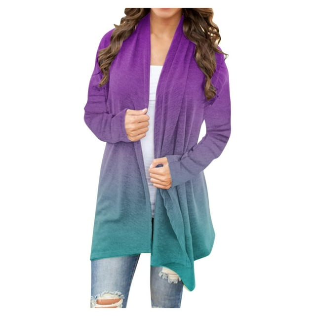 Yuyuzo Long Cardigan for Women Gradient Color Open Front Draped Tops Fall Winter Casual Cardigan