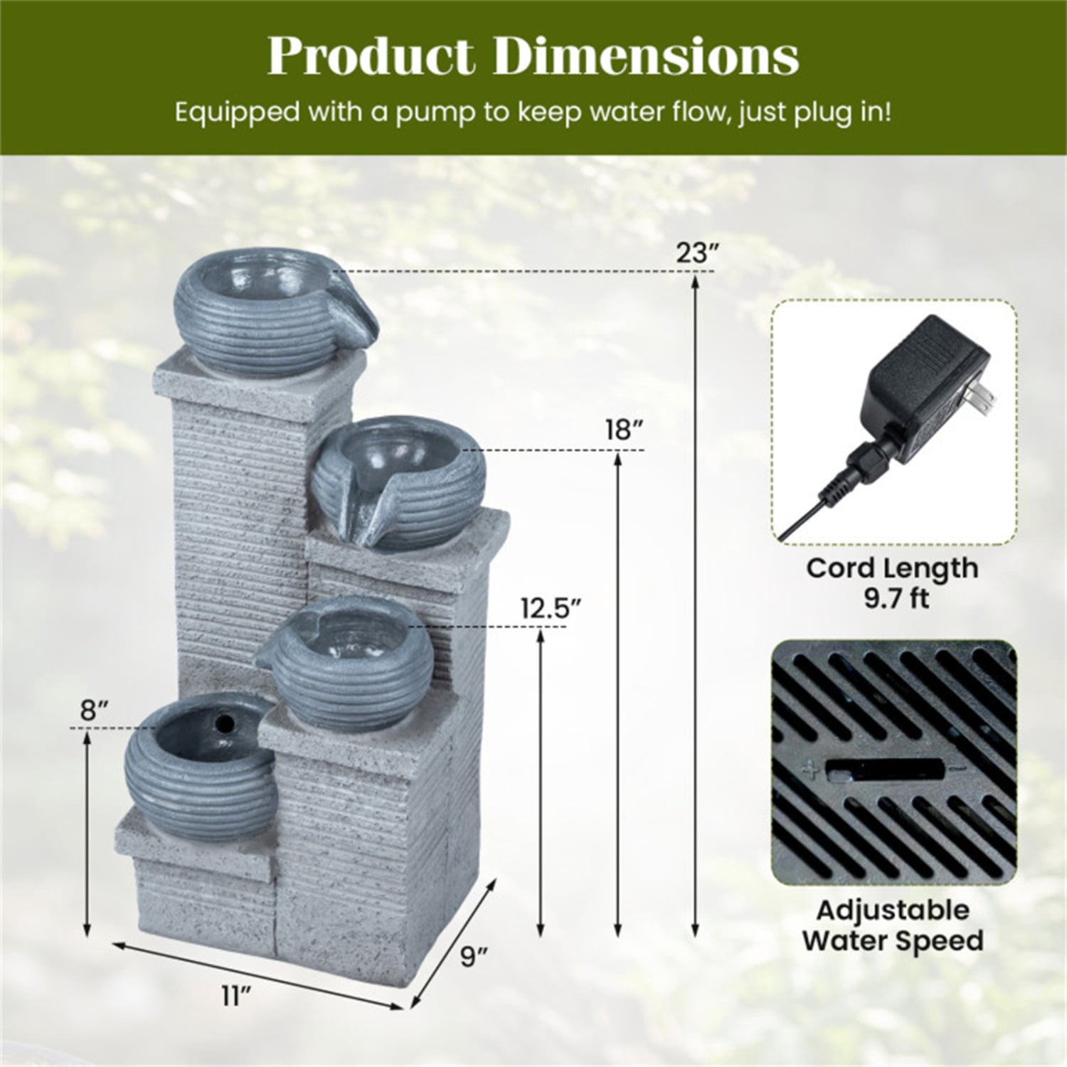 4-Tier Cascading Water Fountain with Warm White LED Lights Resin Indoor Outdoor Water Feature