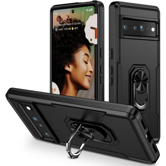 KOMI for Google Pixel 6 Case with Screen Protector, Built in 360 Adjustable Ring Kickstand Military Protective Armor ShockProof Cover - Black